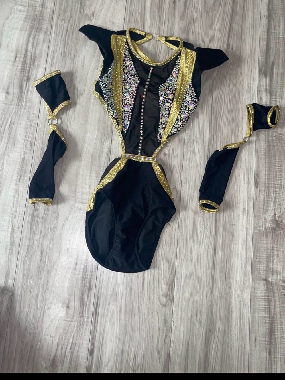Glamour Costumes Black & Gold Rhinestone Dance Costume Set w/ Arm Sleeves CXL